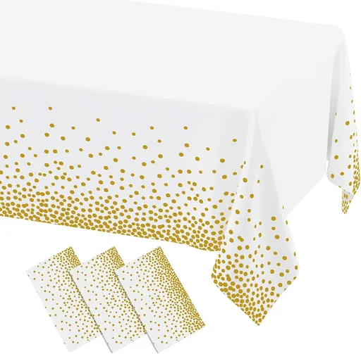 3 Packs Dot Disposable Table Cloth, 54 x 108 Inch Waterproof Plastic Tablecloth, Rectangle Gold Dots in White Table Covers for Easter, Picnic, Birthday, Party