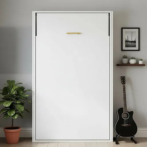 King-single Wall Bed in White Gloss – Space Saving Murphy Bed Kit with Gold Door Handle