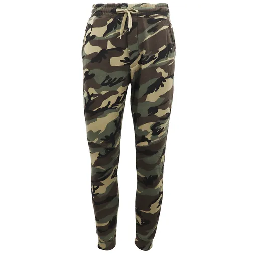 Men's Fleece Track Pants Military Camouflage Tactical Gym Trousers w Cuffed Hem, Green Camo, S