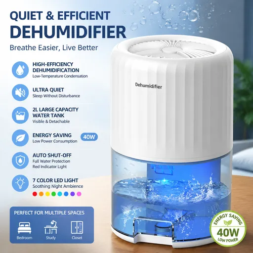 White Portable Home Quiet Mini Dehumidifier - 2L Large Visible Water Tank, 7-Color Sleep Aid Night Light, Air Purification, Auto Shut-Off and 40W Low Power for Bedroom Studies and Closet (5–70m²)