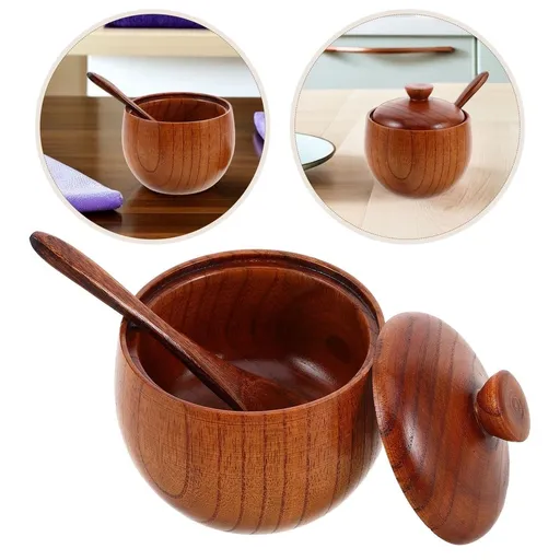1Set Wood Salt Spice Box with Spoon and Lid for Stylish Seasoning Storage