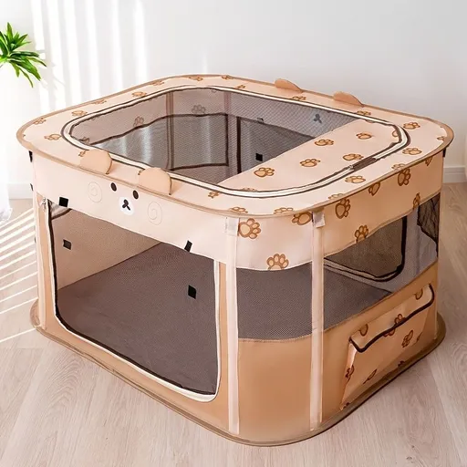 Foldable Pet Playpen with Zippered Top, Portable Cat Whelping Box & Puppy Kennel for Indoor/Outdoor Use, Easy Assembly, Multi-Functional Tent for Small Pets (Brown-M)