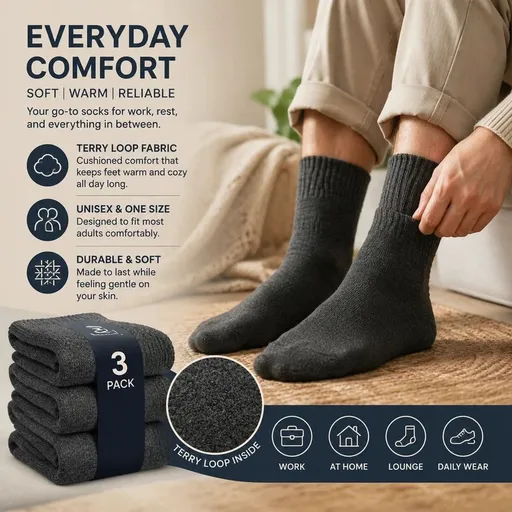Thermal Wool Lined Socks Unisex Thick Terry Winter Socks 3 Pairs Dark Grey