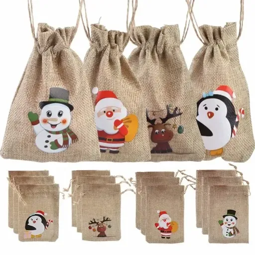 12 Pack Jute Drawstring Gift Bags, Small Burlap Candy and Treat Sacks for Christmas Gifts, Cookies, Party Favors and Holiday Packaging