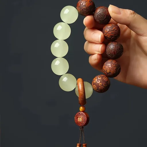 1pc Classic 12-bead 20mm Handmade Wooden Carved "Fu" Pendant Bracelet, Unisex Beaded Bracelet, Buddhist Mala Beads Prayer Bracelet