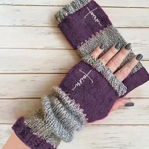 Warm Fashion Spliced Knit Half‑Finger Gloves Palm Guard Work‑Friendly Wear 2 Pcs Cross Purple Pattern for Christmas Gifting