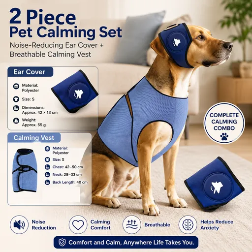 Blue S Size Dog Anxiety Relief Set - Breathable Mesh Calming Vest and Noise Reducing Earmuffs for Dogs, Thunderstorm and Fireworks Stress Support