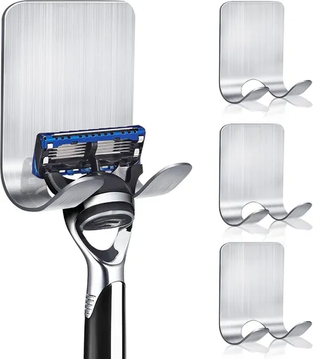 4 Piece Silver Stainless Steel Razor Holder Set for Shower and Bathroom, Waterproof Self Adhesive Hooks