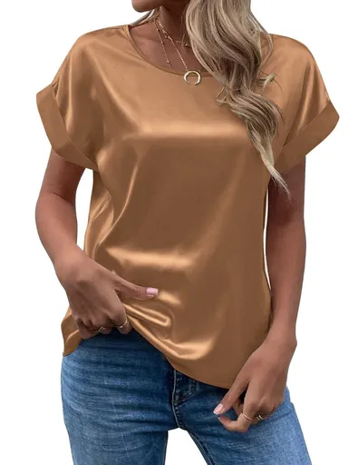 Mavis Women Satin T Shirt Short Sleeve Crewneck Khaki XL