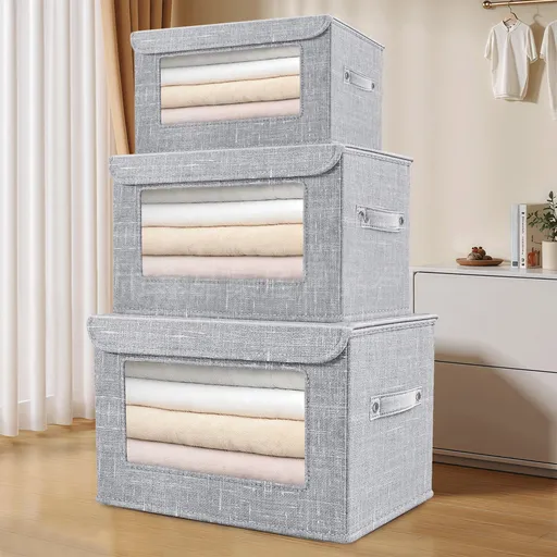 Clothes Storage Bins, Foldable Storage Bin for Clothes, Clothing Storage Bins with Lid, Linen Storage Box with Clear Window＆ Zippers＆ Sturdy Handles L