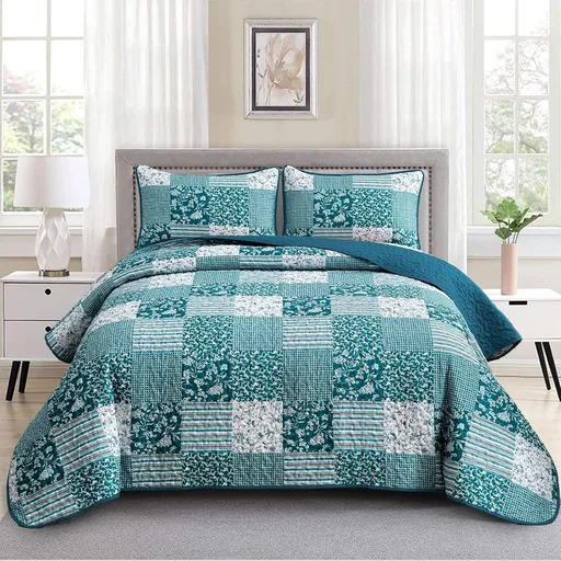 Teal Blue Floral Plaid Majesty Bedspread Coverlet 3 Piece Set