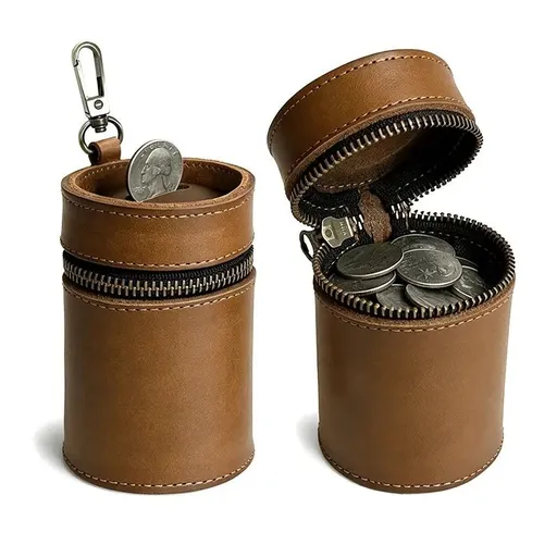 Leather Piggy Bank Top-Grain Cowhide Portable Zipper Closure Brown