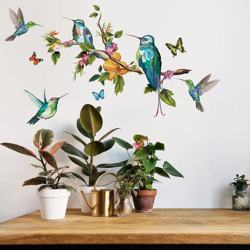 3D Colorful Birds on Tree Branch Wall Art Sticker -Flower Hummingbirds Butterfly Wall Decal,Removable Flying Bird