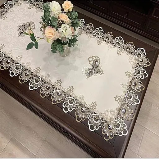 Beige Embroidered Coffee Table Cover Rectangular Dust Cover Fabric lace desk cover cloth dust cover (20''X43'')