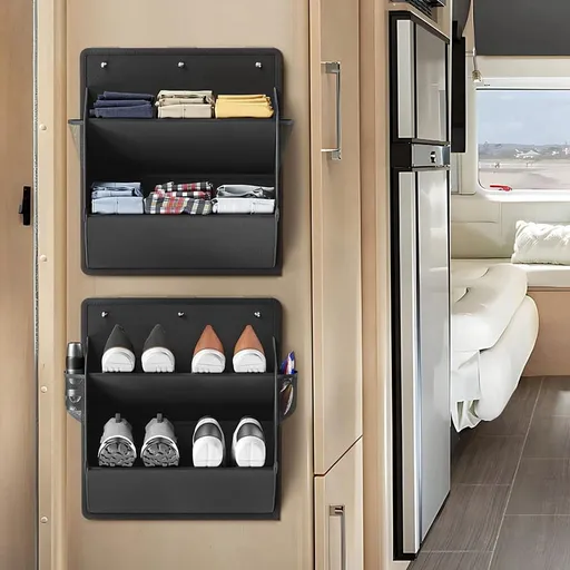 2 Pack RV Shoe Storage with Sticky Adhesive Tape, over the Door Shoe Rack,Wall Hanging Shoe Organizer with Pockets Black
