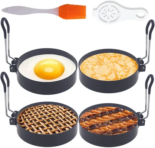 Egg Ring, 4 Packs Upgrade Large 4" Stainless Steel Non-stick Rings for Griddle Frying, Round Cooker for Pancakes, Muffins With Oil Brush and Separator