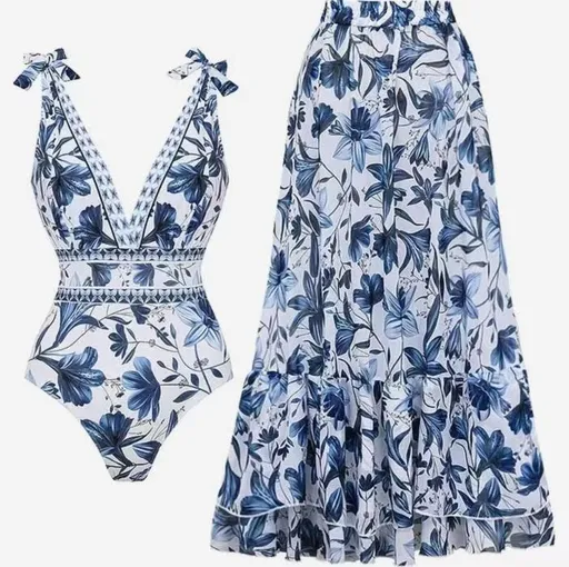 S Size Blue Print Women's Sexy One-Piece Swimsuit Set With Matching Long Dress - European/American Style Bikini with Built-in Pads