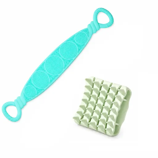 Green Personal Care Set - Silicone Scalp Massager Shampoo Brush and Long Exfoliating Back Scrubber Strap - Deep Cleansing, Gentle Massage, Non Slip Grip, Home Spa Essentials