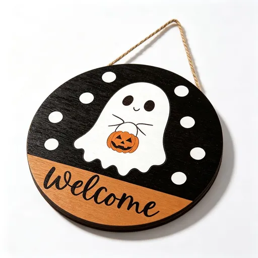 Halloween Ghost Welcome Wooden Hanging Sign 12inch