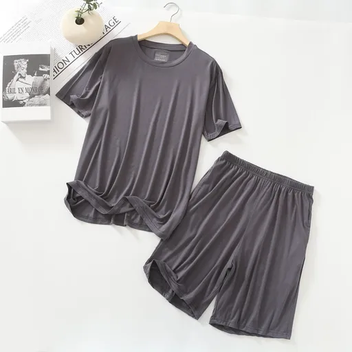 MYAHS Men Modal Sleepwear Set Short Sleeve Shorts Iron Gray L (45.00 kg-67.50 kg