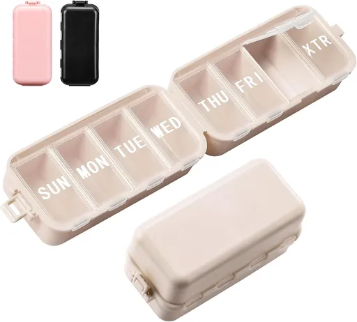 NEW Foldable Weekly Pill Organizer with Extra Grid, Portable 7 Day Box Once / 1 Time a Day, Week Daily Medicine - Large Travel Case Holder Dispenser for Vitamin, Supplement-Khaki Khaki