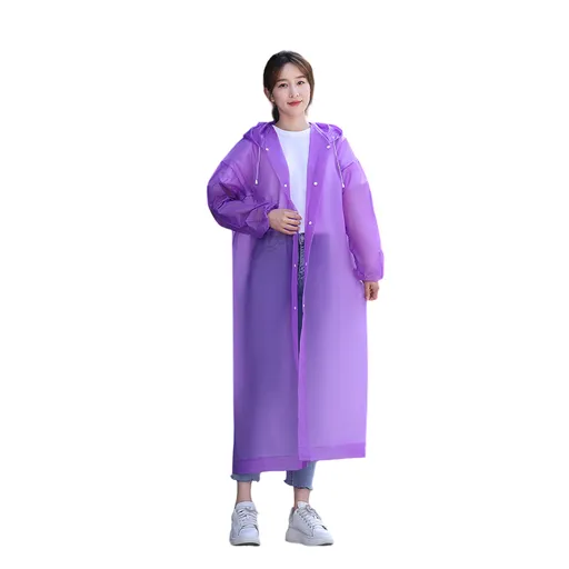 2 pcs Purple Reusable EVA Hooded Raincoat - 150 g Lightweight Long Rain Jacket with Drawstring Hood, Snap Front and Elastic Cuffs for Travel, Walking and Outdoor Use