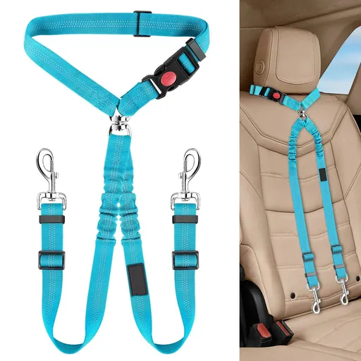2 pack Double Dog Seat Belt, New Dual Pet Car Headrest Restraint Safety Seatbelt No Tangle Dog Leash Duty Adjust Elastic Bungee Puppy Lead Splitter Connect Harness in Vehicle Travel for 2 Dogs