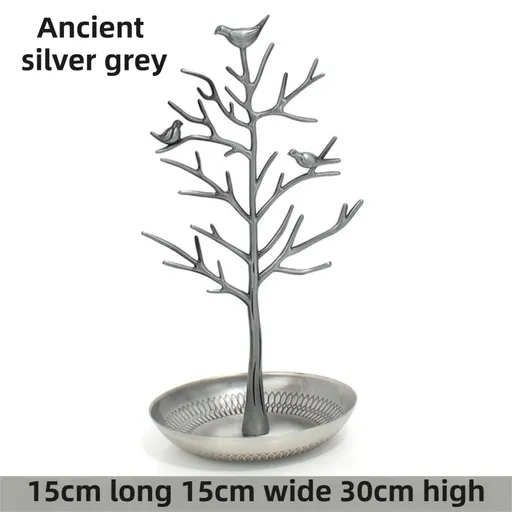 Ancient Silver Grey Detachable Alloy Jewelry Stand Deco with Bird-Tree Shaped Branches and Thickened Lotus Base Tray for Earrings, Chain Necklaces, Bracelets and Rings Storage