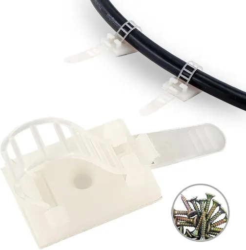 Wire Management Clips Clear (Yellowish) with Screw Hole (50 Pack) Adjustable Zip Ties 3 Inch with 3M Adhesive Tape,Adhesive Clips for Christmas Lights,Desk,Wall to Hold Extension Cord