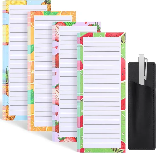 Magnetic Fruit Design Notepads 4 Pack 200 Sheets with Pen Holder for Refrigerator Grocery List
