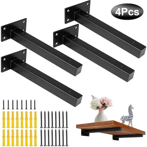 4 Pcs Industrial Wall Shelf Brackets Black Metal with Screws, 250 mm
