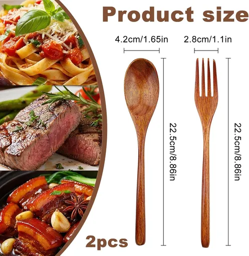2Pcs Wooden Spoons and Forks - Reusable Wooden Utensil Set - Handmade Flatware Tableware Cutlery for Cooking Eating Kitchen Travel and Camping