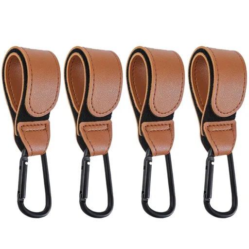 Baby Stroller Hooks Bag Hooks for Hanging Diaper Bags Multipurpose Hooks for Grocery Shopping Bags Premium Vegan Leather Pram Straps 4 Pcs (Brown)
