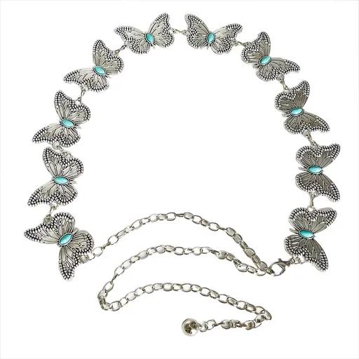 Turquoise Butterfly Belt Chain-Silver Set of 4 Bohemian Ethnic Style Metal Waist Chains - Versatile Fashion Belts for Dresses & Shirts