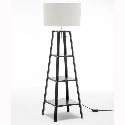 Eiffel 3 Tier Natural Wood Floor Lamp w/ Storage Shelves + Off White Linen Shade