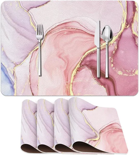 linen Placemats Set of 4, Marble Watercolor Vintage Pink Girl Cute Placemat for Ding Table Heat-Resistant Non-Slip Table Place Mats for Party Coffee Bar,