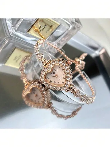 1pc Women s Rose Gold Alloy Bracelet Watch Heart Shaped Case Arabic Numerals Exquisite Quartz Movement Adjustable Drawstring Daily Decor Gift
