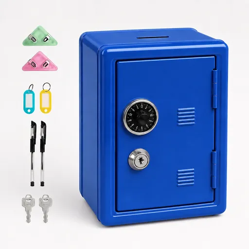 Lockable Metal Money Box, Cash & Coin Storage Box with Key Lock, Compact Piggy Bank for For Kids & Adults, Office & Small Valuables-Blue
