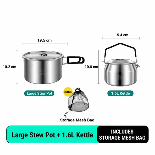 2-Piece Food Grade Stainless Steel Camping Cookware Set with 1.6L Kettle and Large Stew Pot - Hangable and Foldable, Compact Nesting Storage, Anti Scald Wrapped Handle