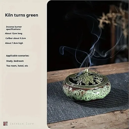 Glaze-transmutation ceramic incense burner with retro copper lid, fireproof mat, and incense coil holder. Suitable for various incense types, ideal for creative home decor and festive gifting.(Kiln turns green）