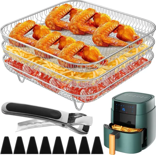 Stainless Steel 3 Tier Air Fryer Rack with Clip and 8 Silicone Feet, Square Stackable