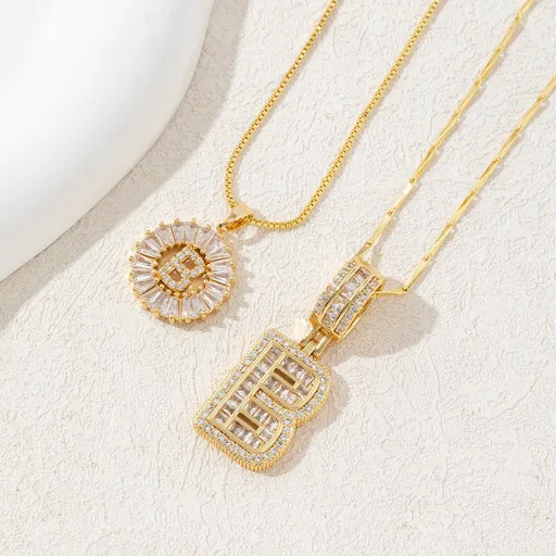 Sparkling Cubic Zirconia Initial Letter Necklace Set - Gold Plated Two-Piece Design(B)
