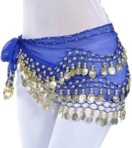 150cm Belly Dance Hip Scarf with Gold Coins,Blue