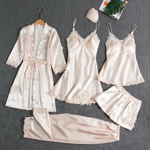 Women Sleepwear Set Long Sleeve Ice Silk Champagne XL