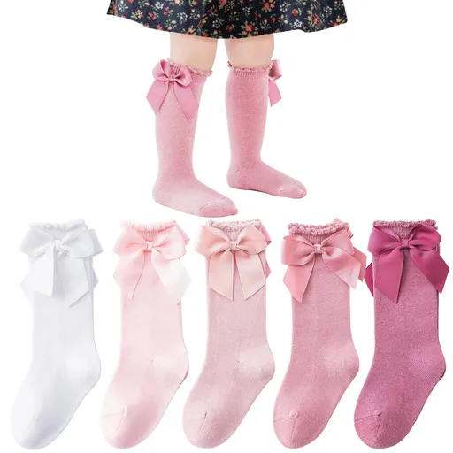 5 pairs Baby Knee High Socks Toddler Long Socks Girls Bow Ruffled Knee Socks Cotton Tube Stockings Infant Dress Socks