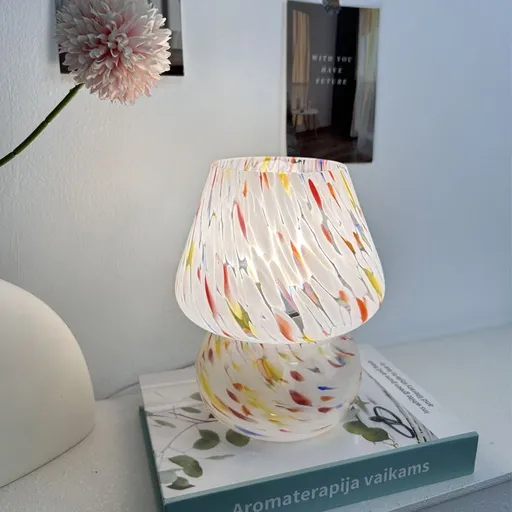 Vintage Speckled All Glass Mushroom Table Lamp - Bedside Soft Ambient Night Light, AU Plug with 3 Colors Temperature Rocker Switch, Rainbow Speckled