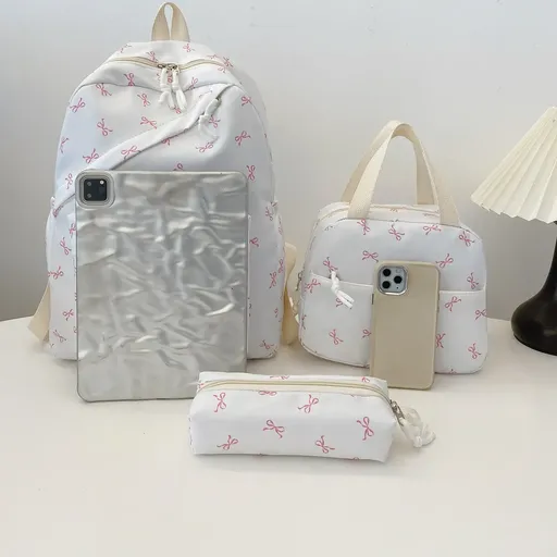 Sweet Bowknot 3-Piece Backpack Set! Large Capacity & Ergonomic Support, Splakpsh-Resistant, Bacack+Tote+Pencil Case, Perfect Gift for School / white