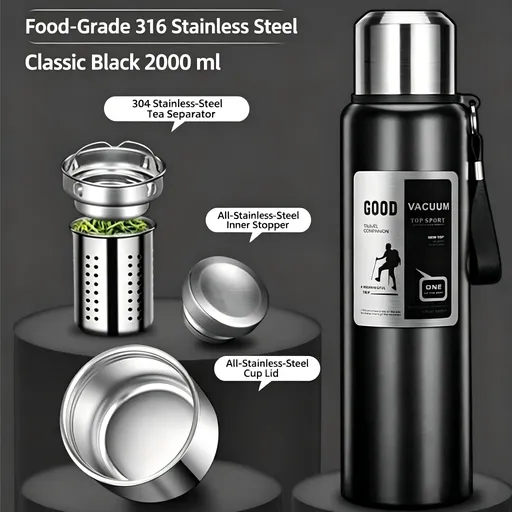2000 ml Outdoor 316 Stainless Steel Vacuum Flask, Large‑Capacity Travel Insulated Water Bottle with Tea Infuser, All‑Steel Thermos for Hiking & Camping, Black