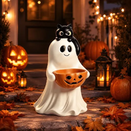 Light Up Ghost Pumpkin Candy Bowl Halloween Decor Sticker, Plastic Warm LED Glowing Ghost Treat Bowl Pattern Decal, Halloween Vinyl Sticker for Front Porch, Yard, Entryway, Indoor Outdoor Display