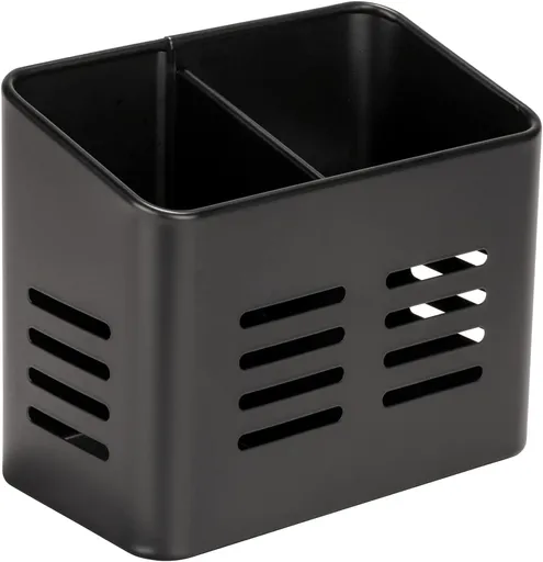 Stainless Steel Cutlery Drainer with Divided Compartments, Perforated Countertop Holder for Utensils and Cutlery, Black, 16 x 13.5 cm
